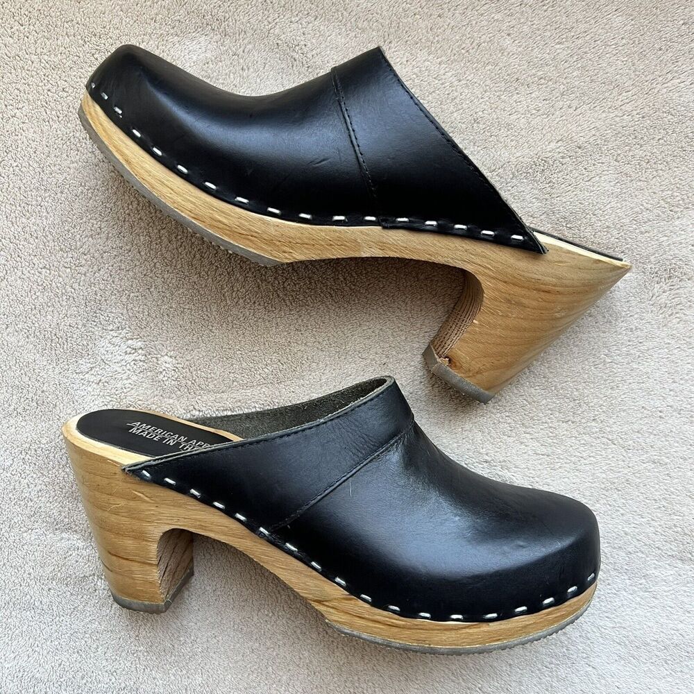 American Apparel Black Leather Wood-Platform Clogs